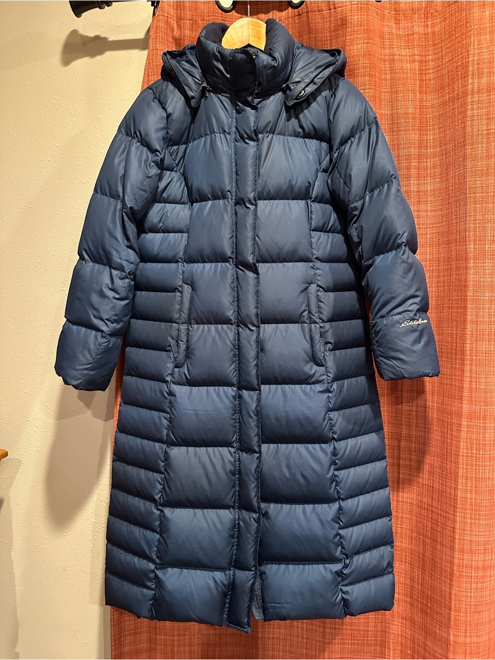 Women's Eddie Bauer Blue Long Puffer Coat with Hood